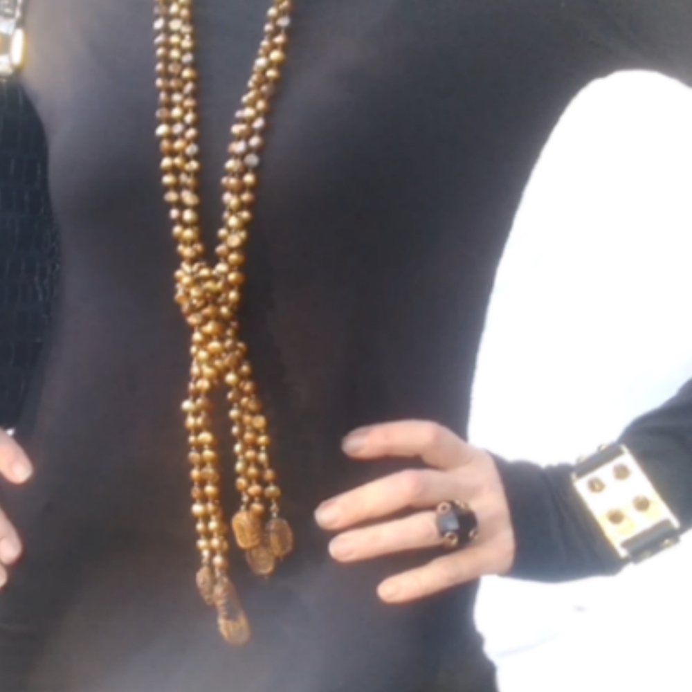 14K Gold, Copper, Pearl & Carved Tigers Eye Scarabs Long Beaded Lariat